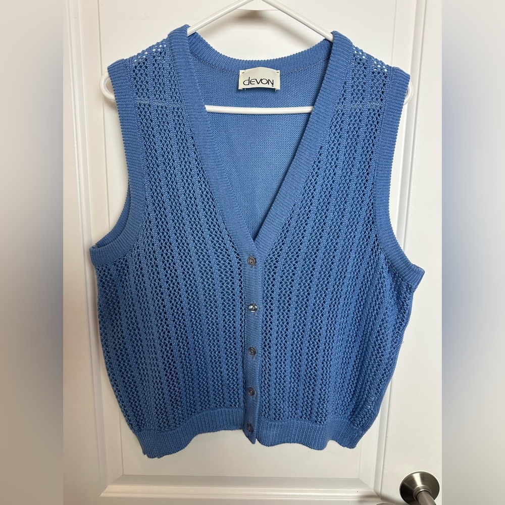 Vintage Devon blue Knit Button Down cardigan vest Large Union Tag